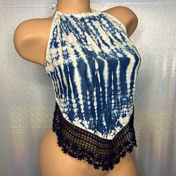 Guess halter hanker chief style tie up open back boho tie dye white lace fringe - Picture 1 of 11